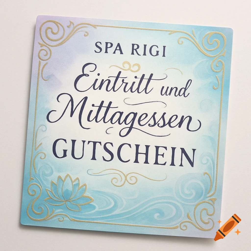 A decorative spa voucher for Spa Rigi, offering entry and lunch. It features a light blue and purple watercolor background with gold ornate borders and a lotus flower.