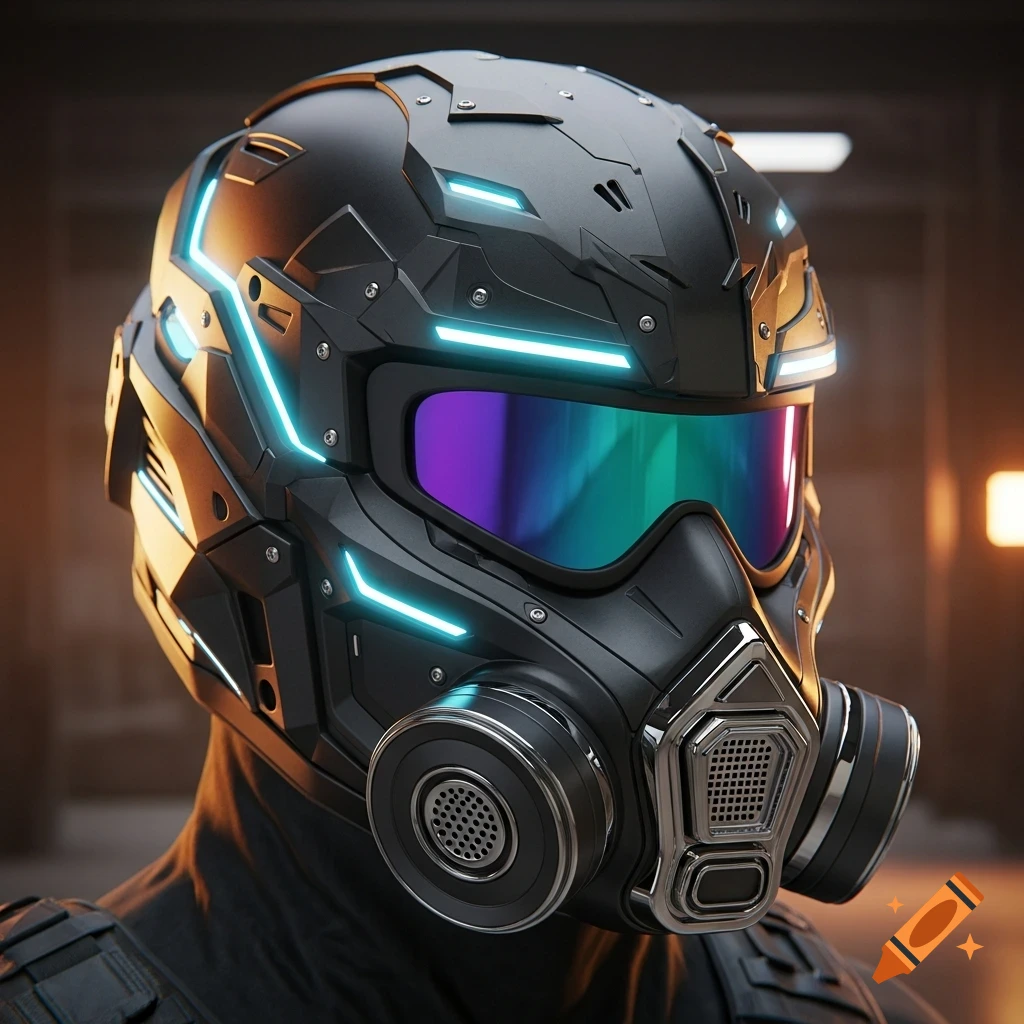 A close-up of a sleek, black futuristic helmet with glowing blue lights, a rainbow-tinted visor, and an integrated gas mask.