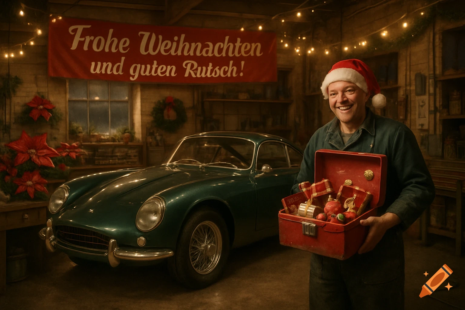 A smiling man in a Santa hat holds a red box of Christmas gifts next to a classic green car in a festive garage.