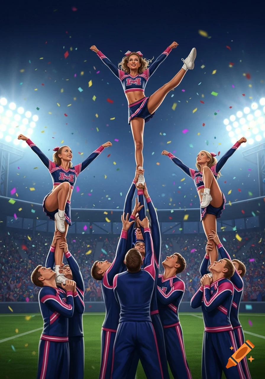 A group of cheerleaders perform a pyramid stunt in a brightly lit stadium with confetti falling, in a realistic digital art style.