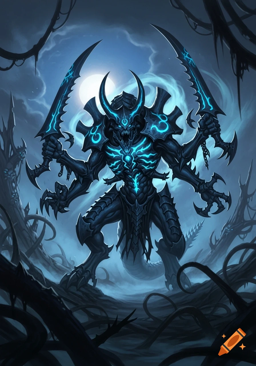 A dark, four-armed alien monster with glowing blue accents and blades stands in a misty, moonlit landscape with roots.