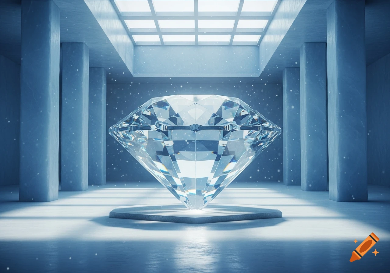A large, sparkling diamond on a pedestal in a pristine, blue-toned, futuristic room with pillars and falling snow.