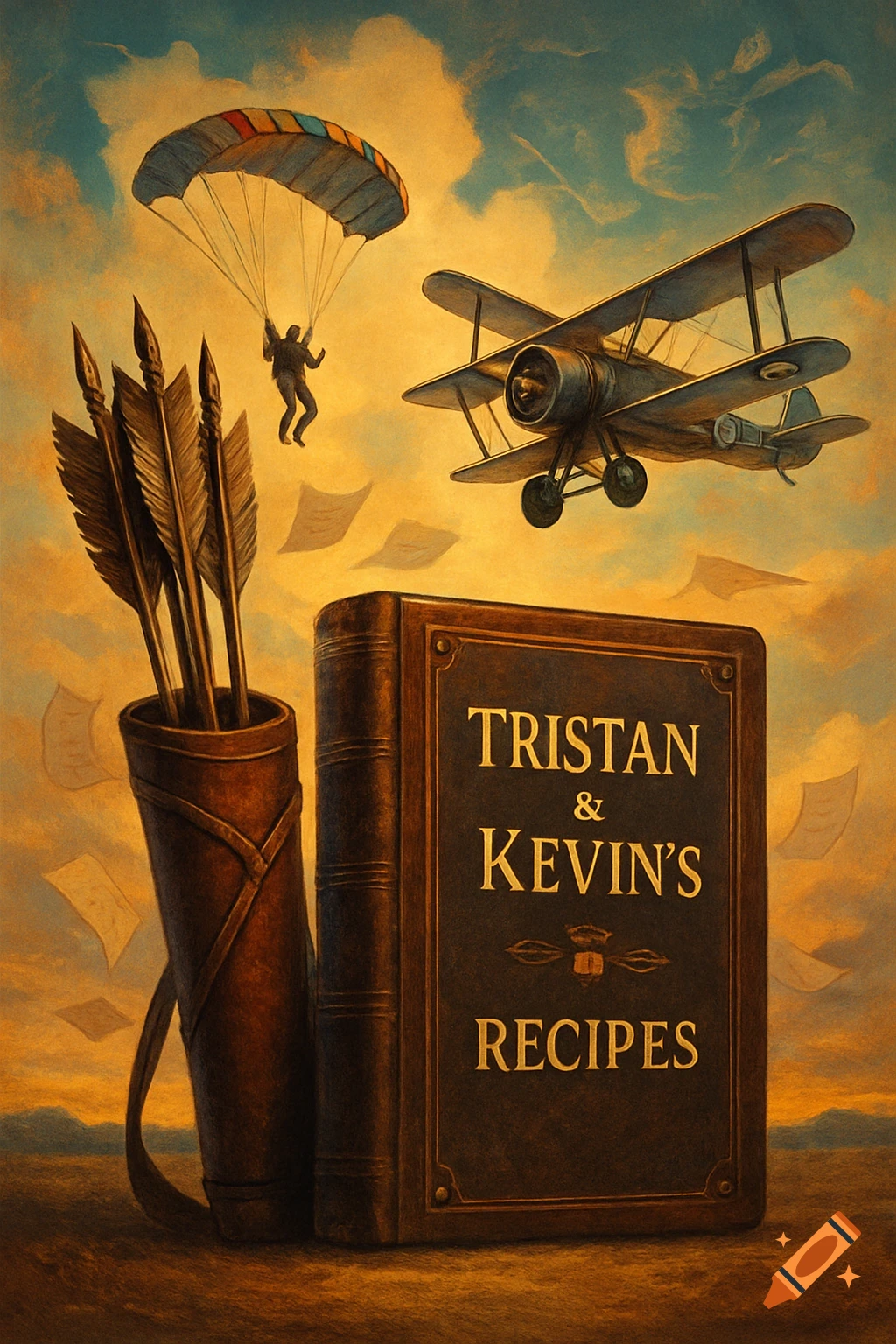 Painterly book cover titled 'Tristan & Kevin's Recipes' featuring a skydiver, biplane, and quiver of arrows against a sunset sky.