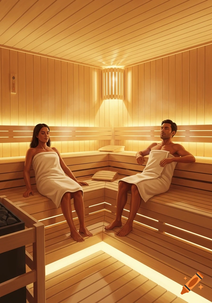 A man and a woman relaxing on wooden benches in a warm, dimly lit sauna, wrapped in white towels.