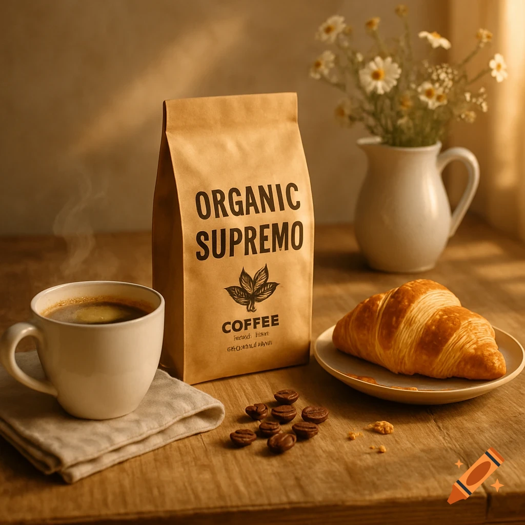 A rustic breakfast scene with a steaming cup of coffee, a croissant, coffee beans, and an "ORGANIC SUPREMO" coffee bag on a wooden table, bathed in golden hour light.