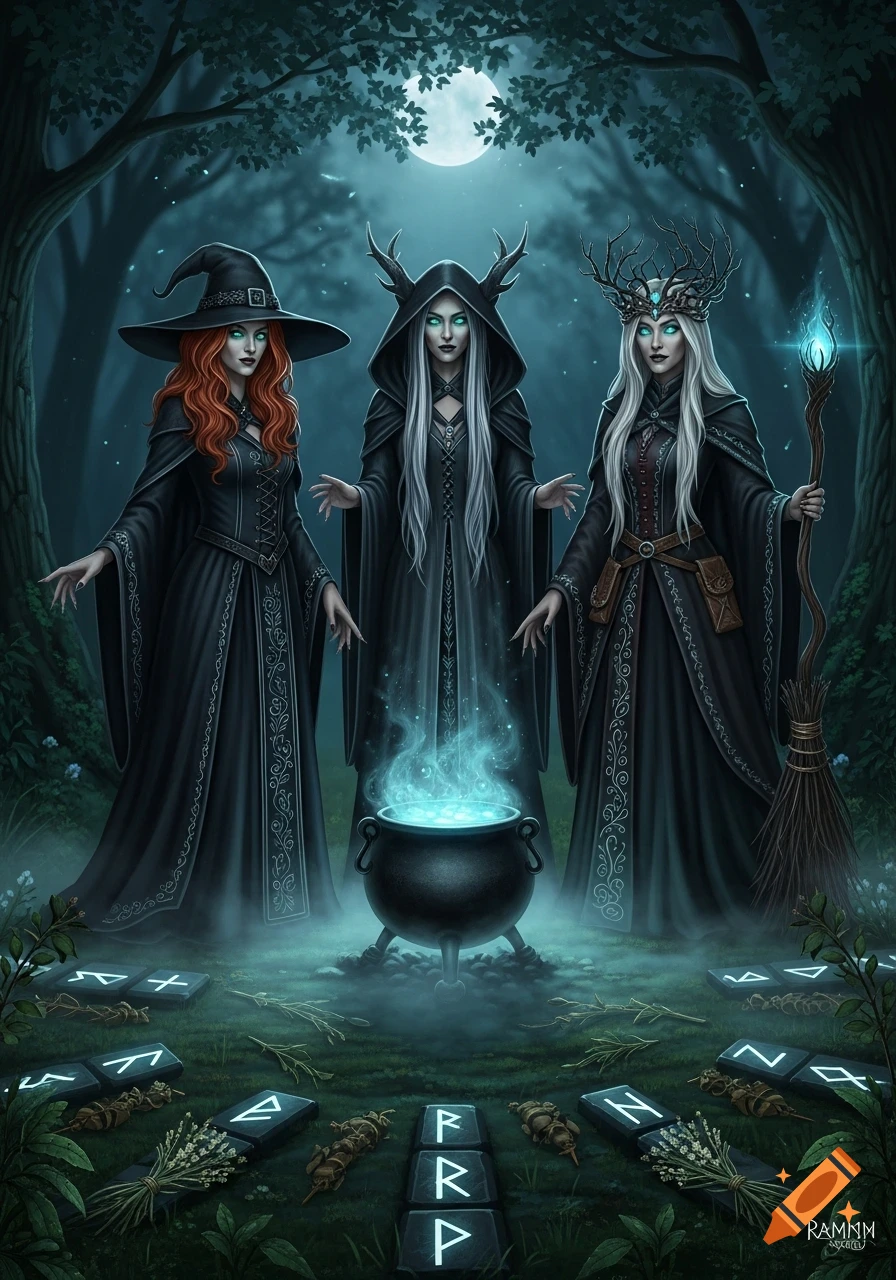 Three witches with white and red hair in black robes stand around a glowing cauldron in a dark forest under a full moon, with glowing runes on the ground.