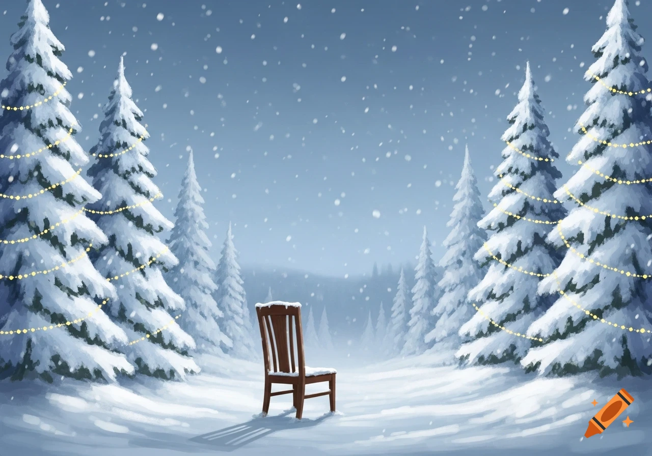 A snowy winter landscape with two rows of snow-covered Christmas trees and an empty wooden chair in the middle.