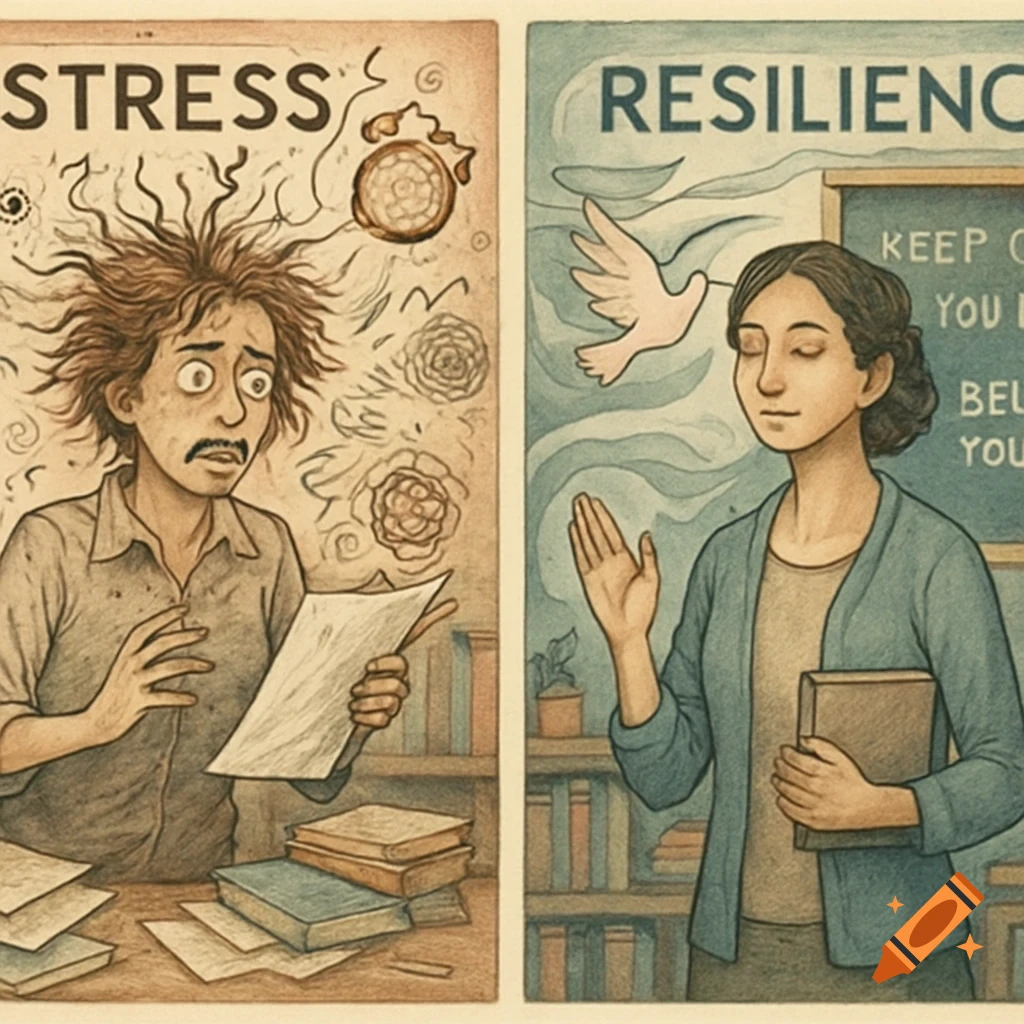 An illustration comparing stress and resilience. A stressed man on the left with messy hair, and a calm woman on the right with a dove.