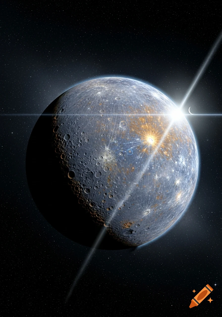 A cratered planet, like Mercury, with a bright sun flare and a crescent moon in orbit, set against a starfield.