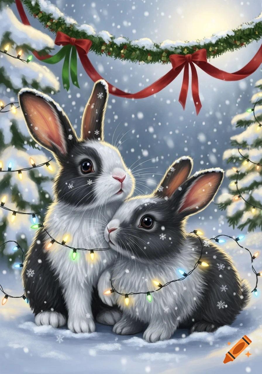 Two adorable black and white bunnies entangled in colorful Christmas lights, huddle close in a snowy winter forest with a festive garland.