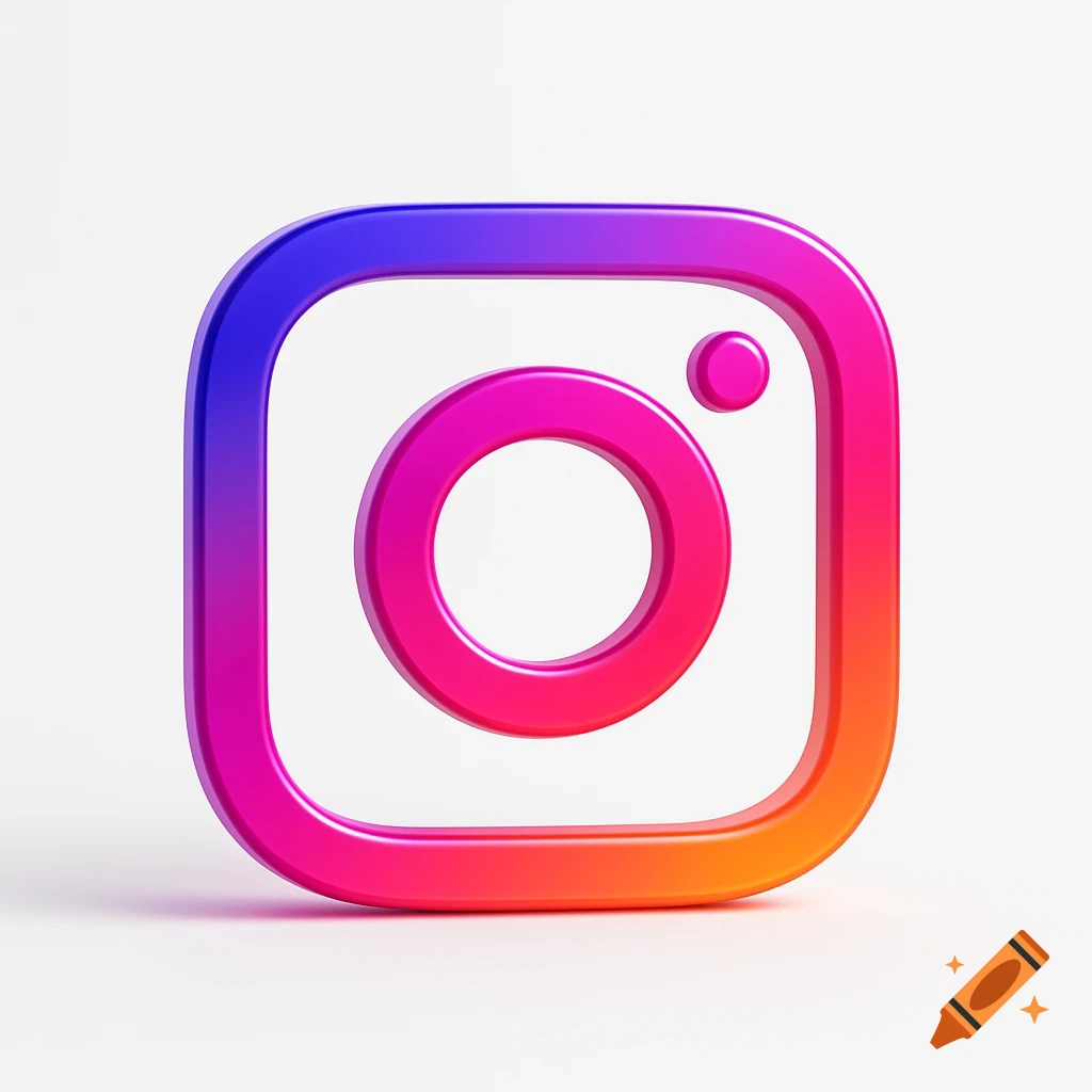A vibrant, glossy 3D Instagram logo with a purple to pink to orange gradient, centered on a clean white background.