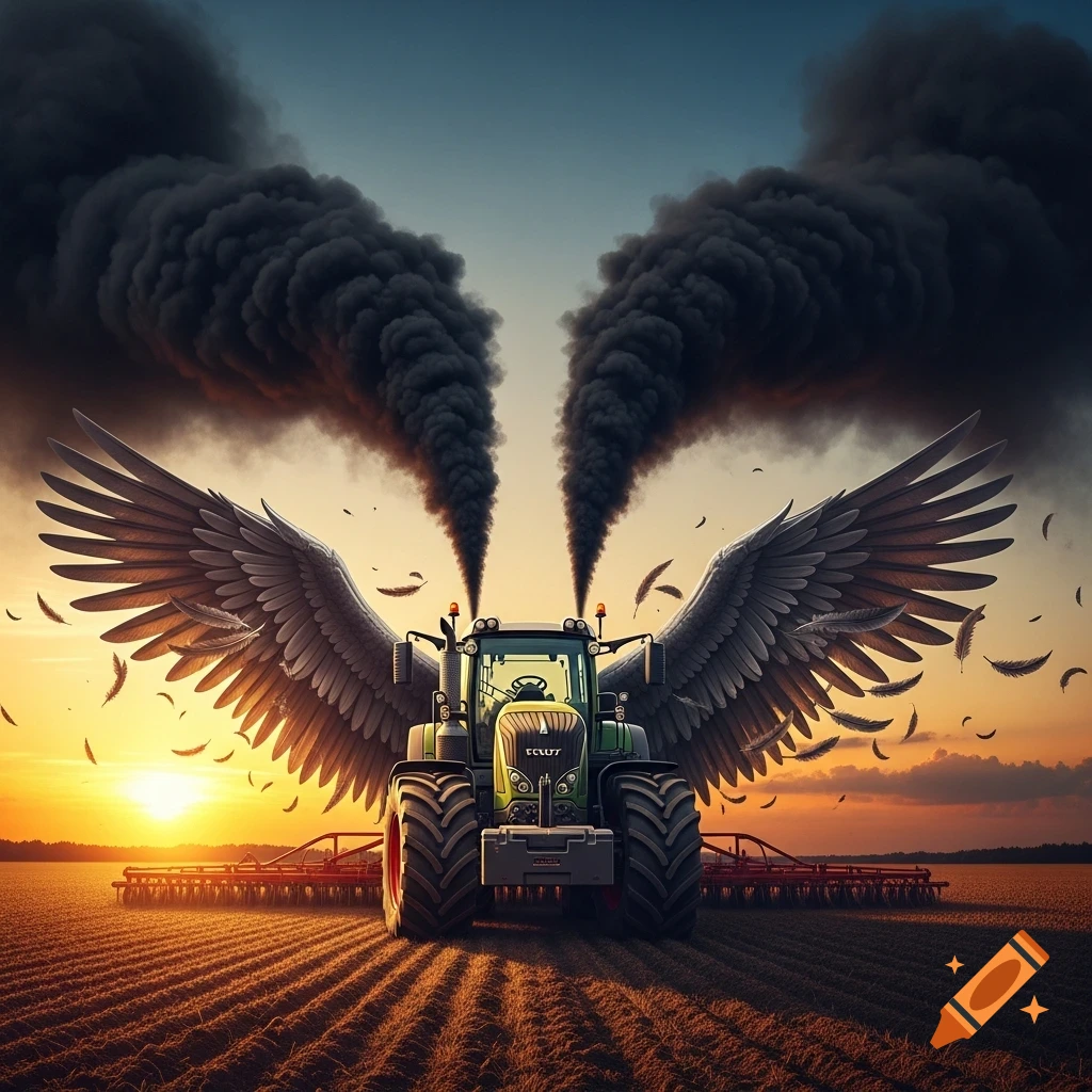 A green Fendt tractor with large gray wings emits black smoke plumes in a plowed field at sunset, with falling feathers.
