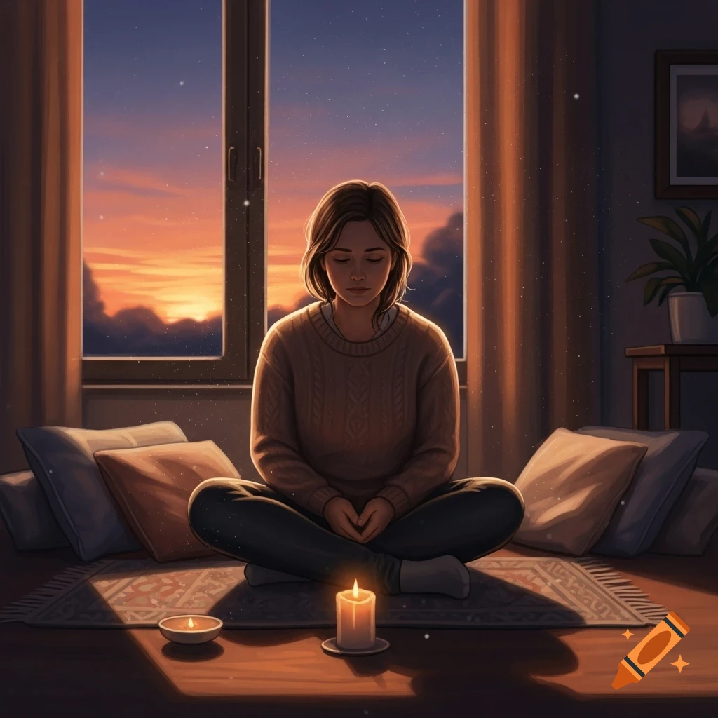 A person meditating cross-legged on a rug by a window, with a sunset visible outside and lit candles nearby.