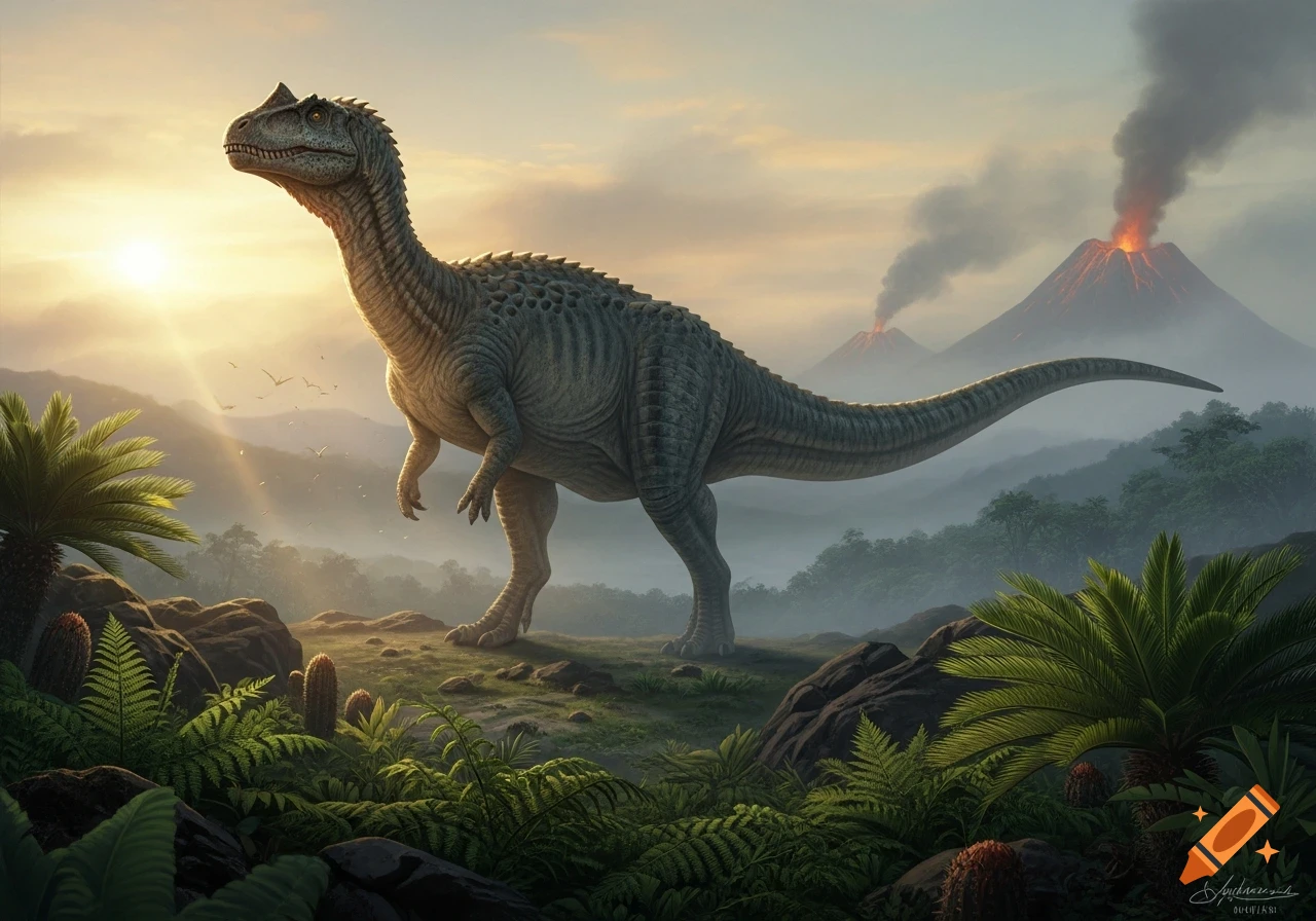 A large dinosaur stands on a rocky hill in a prehistoric landscape with erupting volcanoes and a sunset.