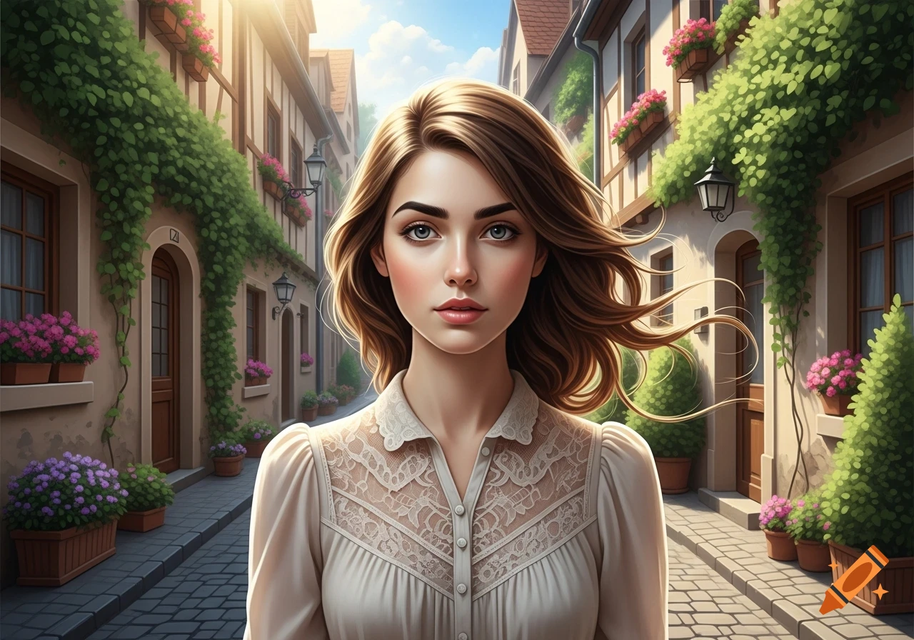 A digitally rendered woman with brown hair and blue eyes stands in a sunny European street with ivy-covered buildings and flowers.