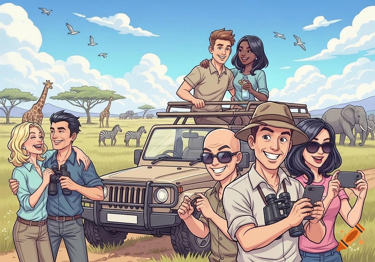 A group of six diverse friends on a sunny safari, some in a jeep and others standing, with giraffes, zebras, and elephants in the background, in a cheerful comic style.