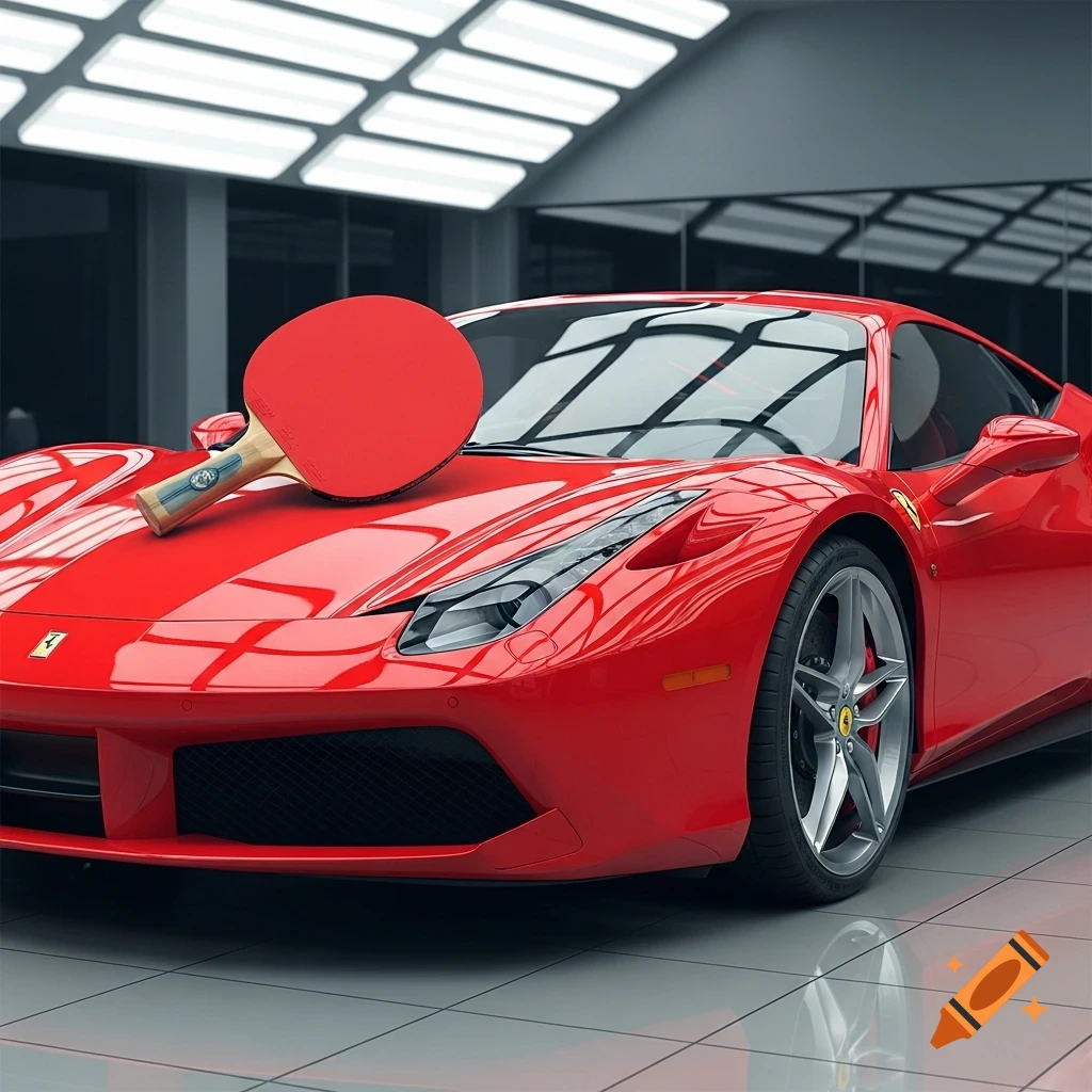 A red Ferrari sports car parked indoors with a red ping-pong paddle resting on its hood, presented in a photorealistic style.