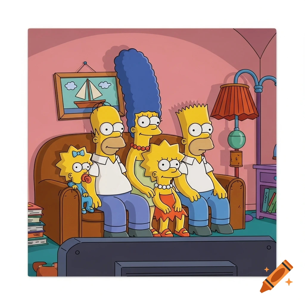 The Simpson family, Homer, Marge, Bart, Lisa, and Maggie, sit on a brown couch watching TV in their living room.