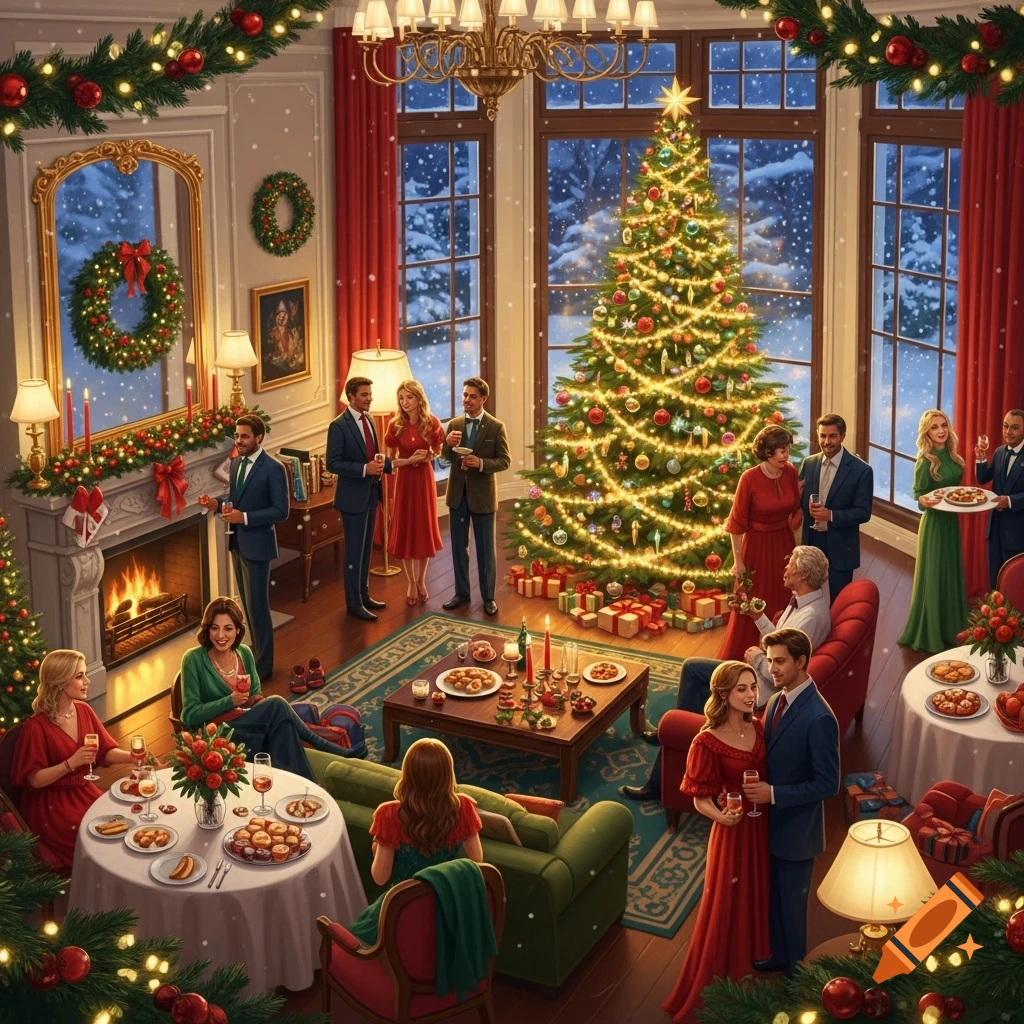 A festive Christmas party in a lavish living room with many elegantly dressed guests, a brightly lit Christmas tree, and falling snow visible through large windows.