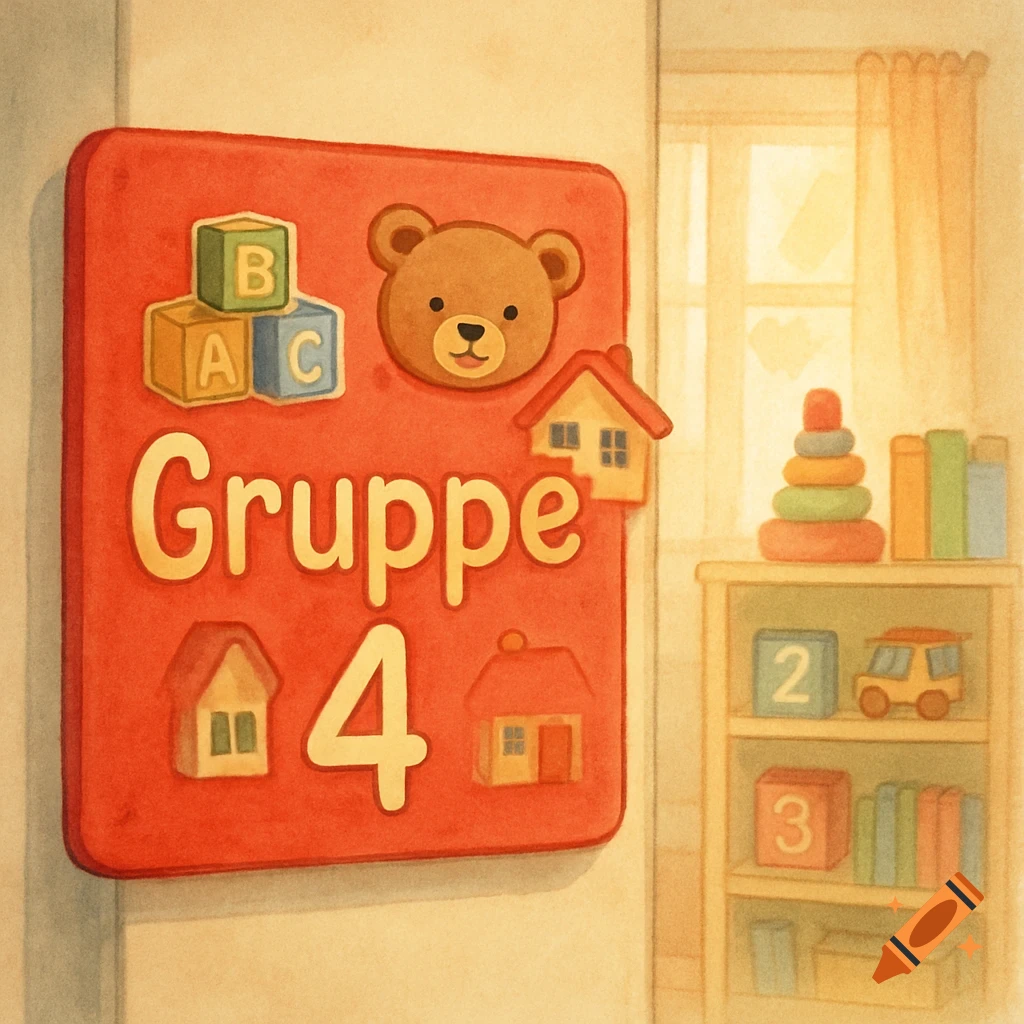 Whimsical illustration of a red 'Gruppe 4' sign with a bear head and blocks, next to a shelf of toys in a sunlit nursery.