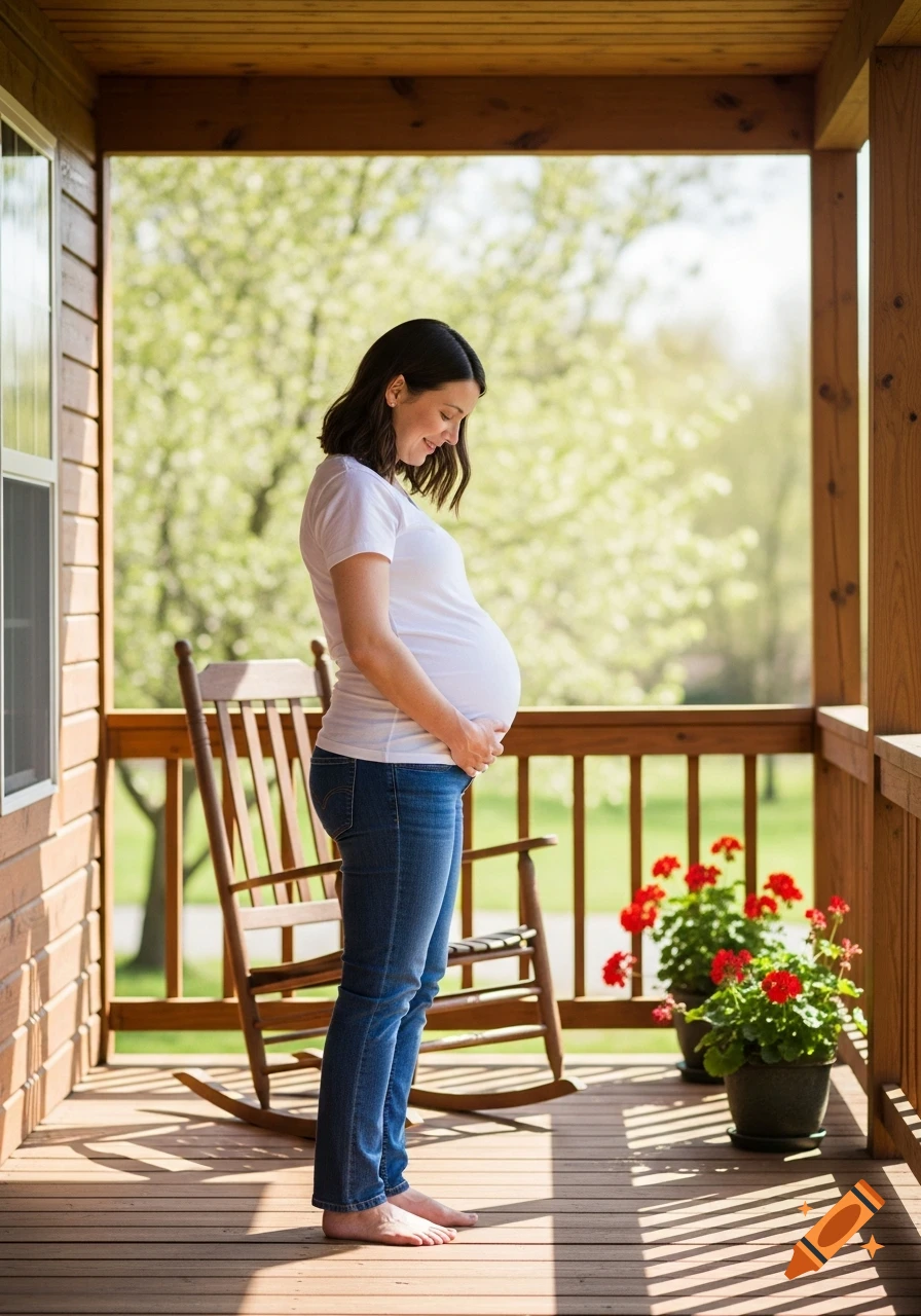A smiling pregnant woman in jeans and a white t-shirt stands barefoot on a wooden porch, cradling her baby bump.