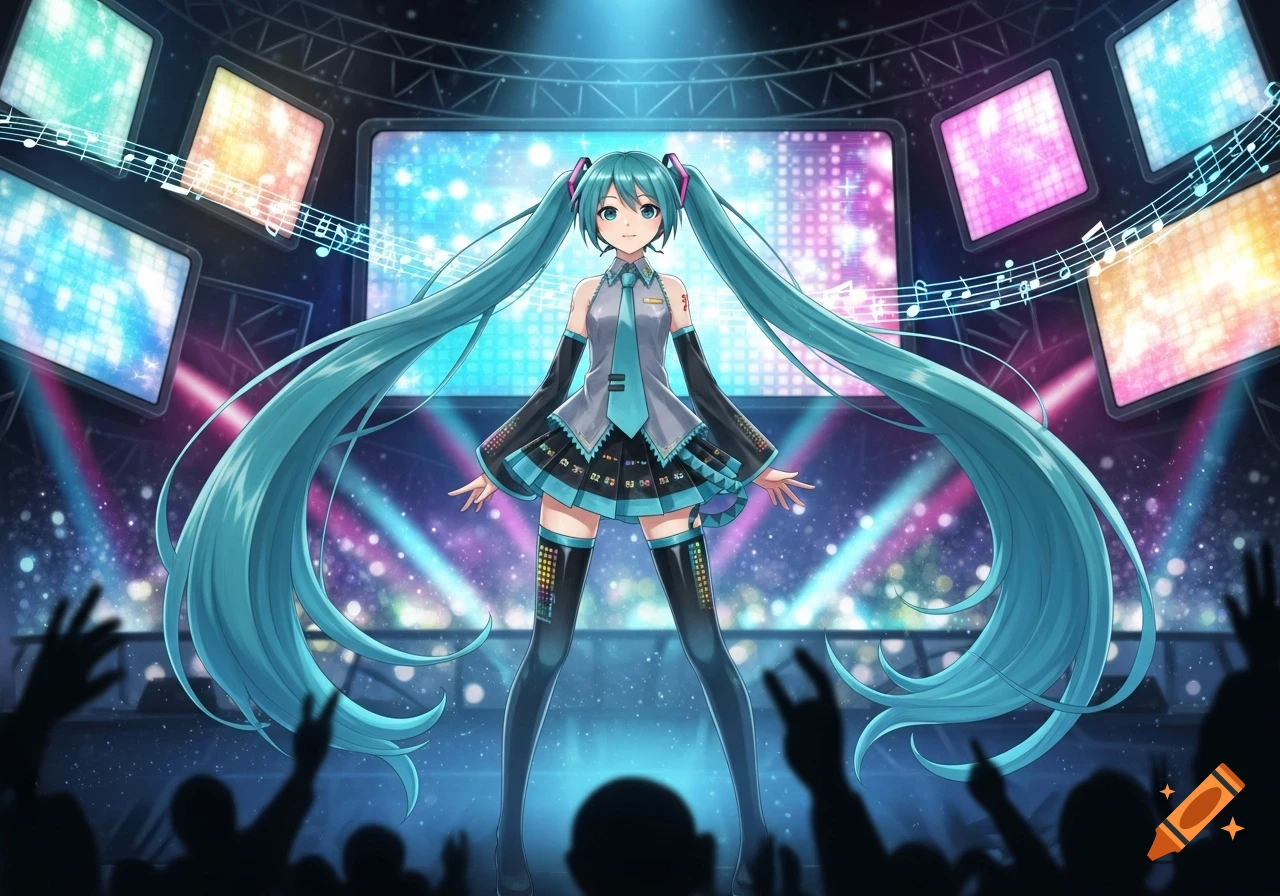 Hatsune Miku, an anime character with long turquoise pigtails, stands on a concert stage with sparkling screens and cheering crowd silhouettes.