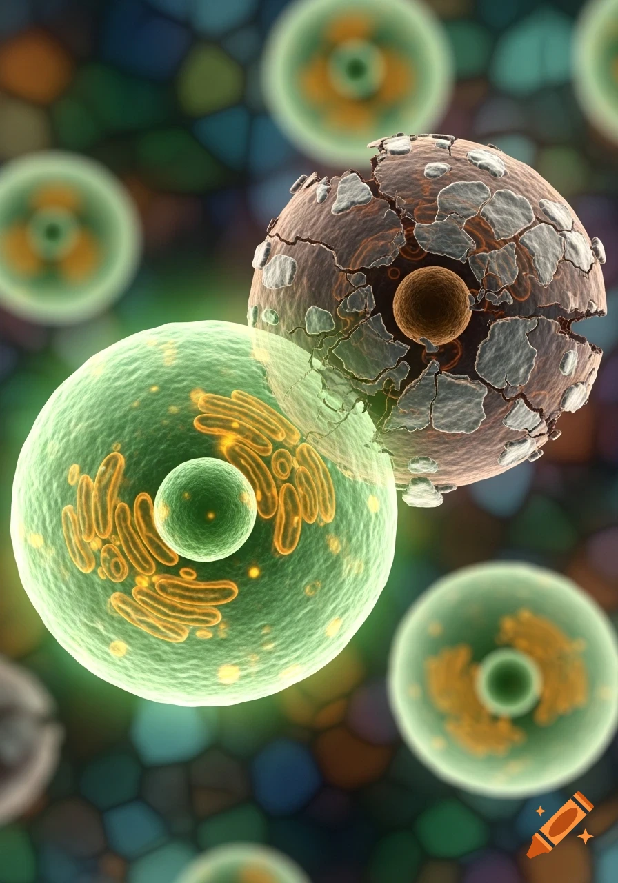 Microscopic view of a glowing green healthy cell next to a fragmented, damaged brown cell against a blurred background.