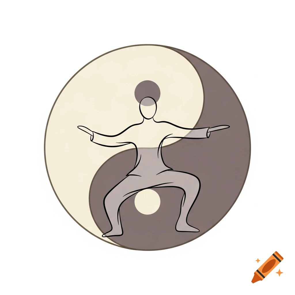 Minimalist illustration of a person in a Tai Chi pose against a two-tone Yin Yang symbol.