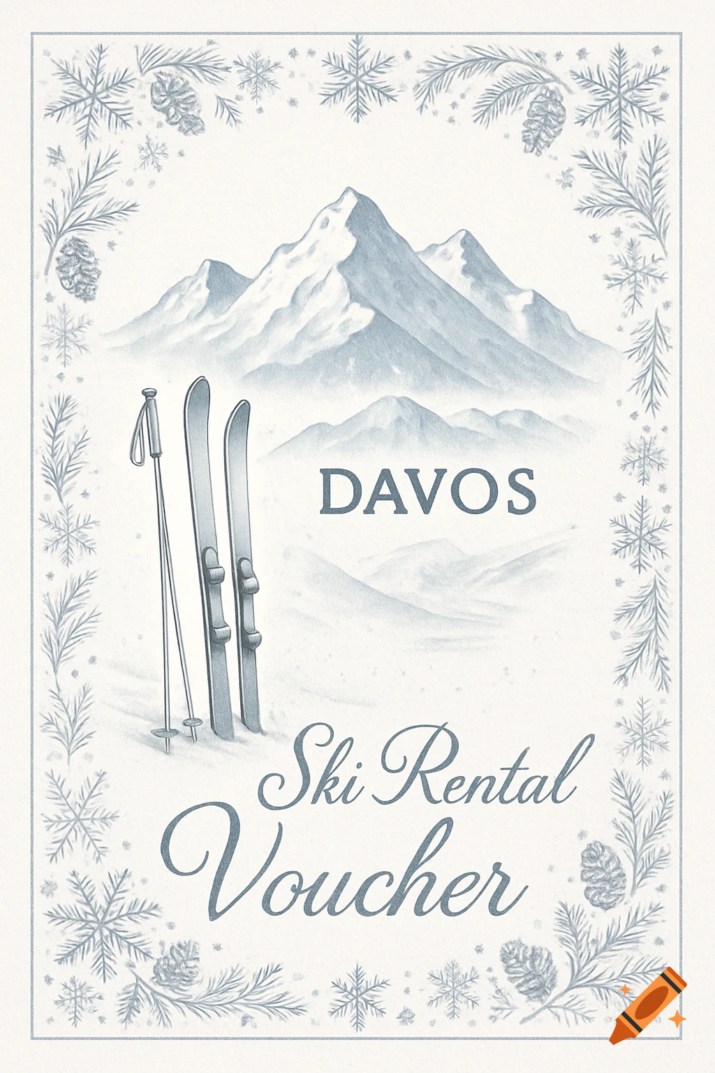 A vintage-style ski rental voucher illustration with snow-capped mountains, skis, and a winter foliage border. Text reads 'DAVOS Ski Rental Voucher'.