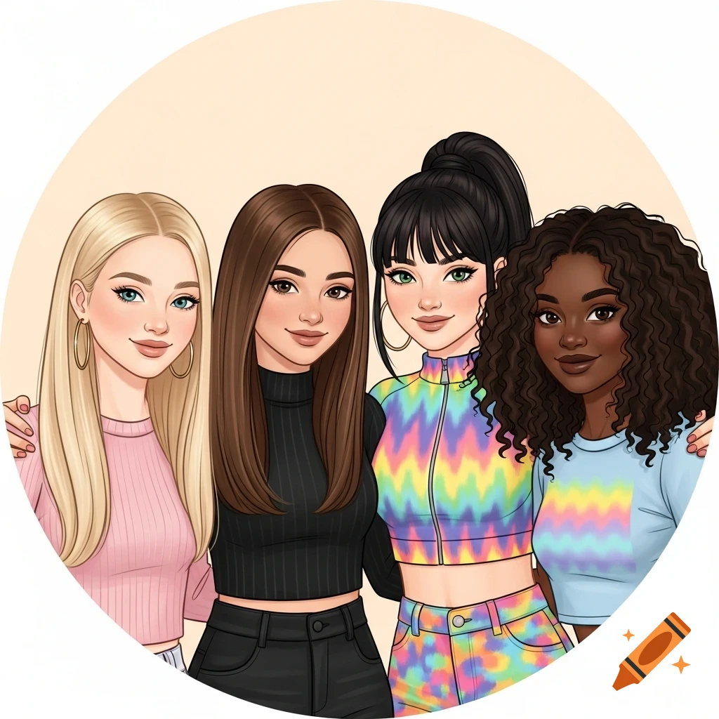 Digital illustration of four diverse teenage best friends in a circular profile picture, with varied hair colors and outfits.