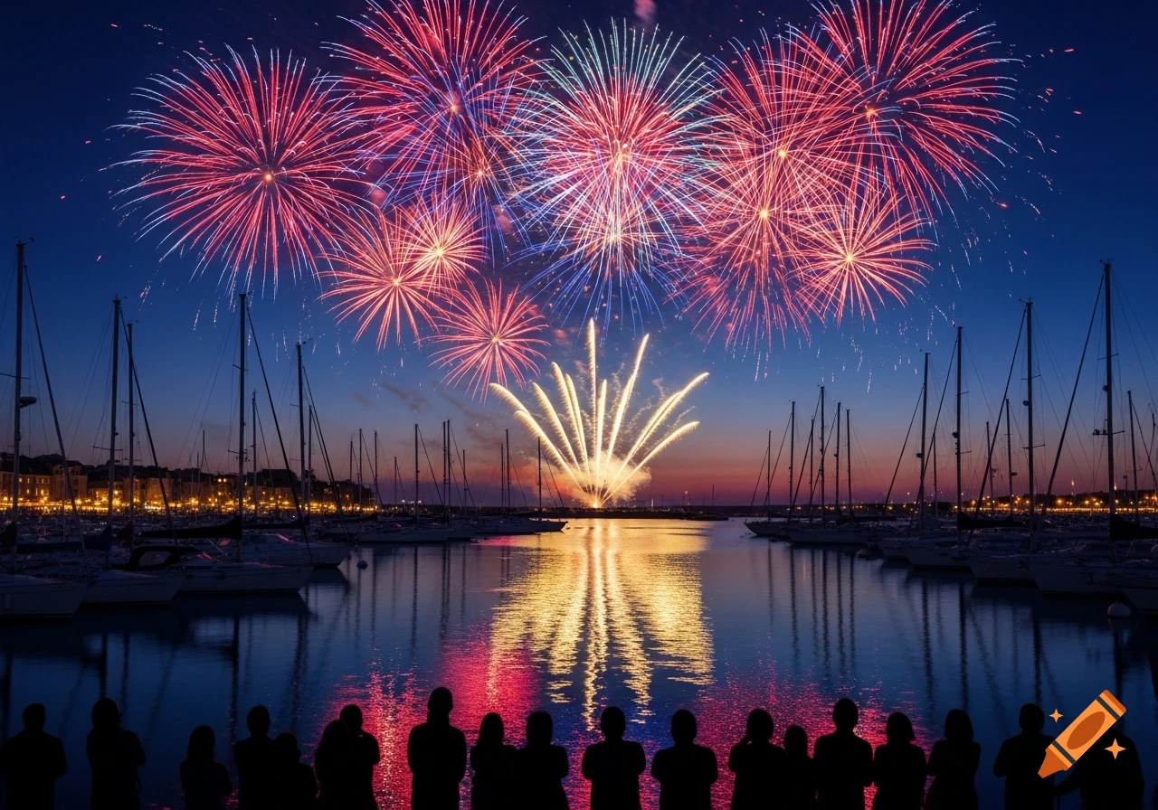 Vibrant fireworks explode over a harbor at night, illuminating numerous sailboats and city lights. Silhouettes of people watch the display.