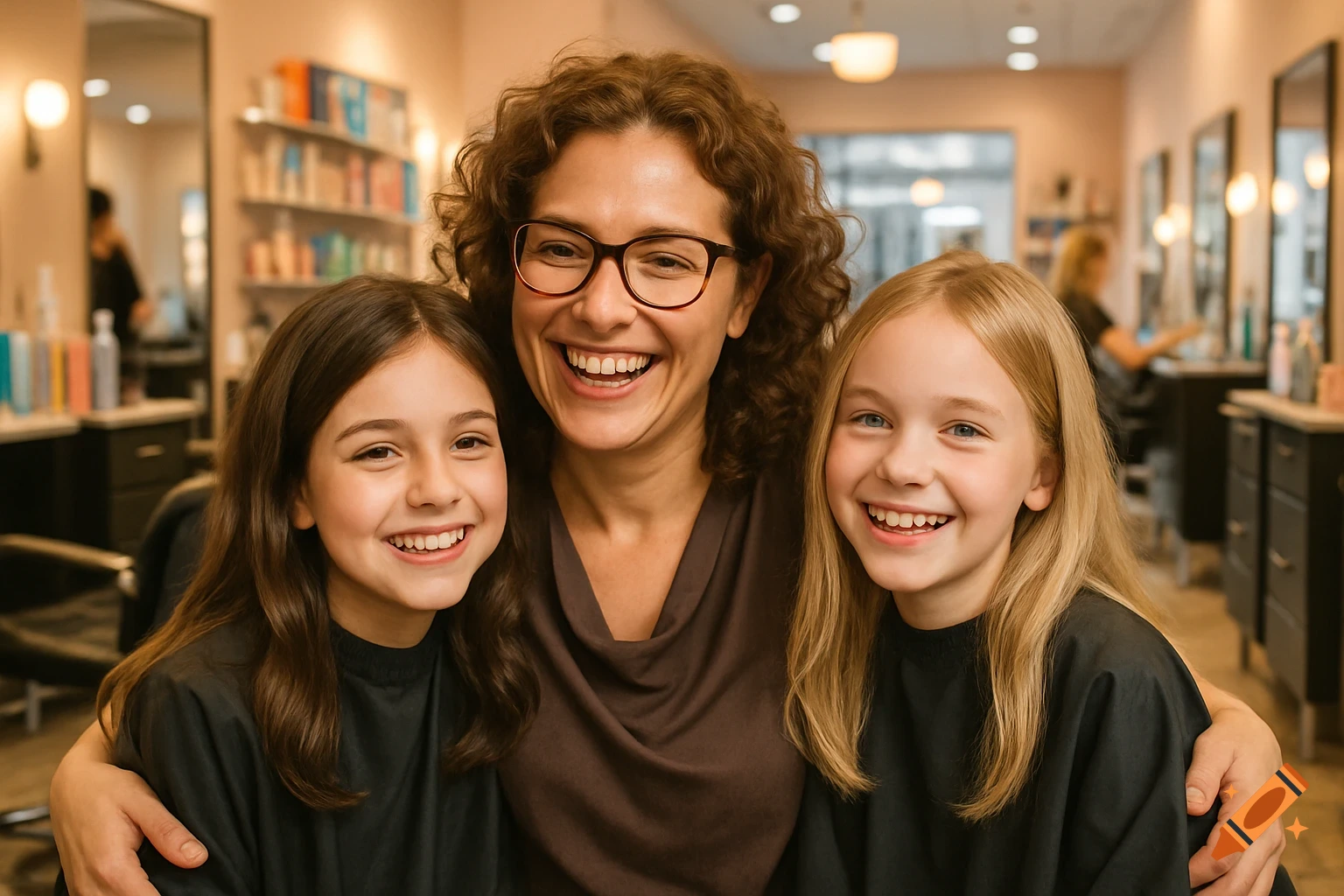 A smiling mother with curly brown hair and glasses embraces her two daughters in a hair salon.