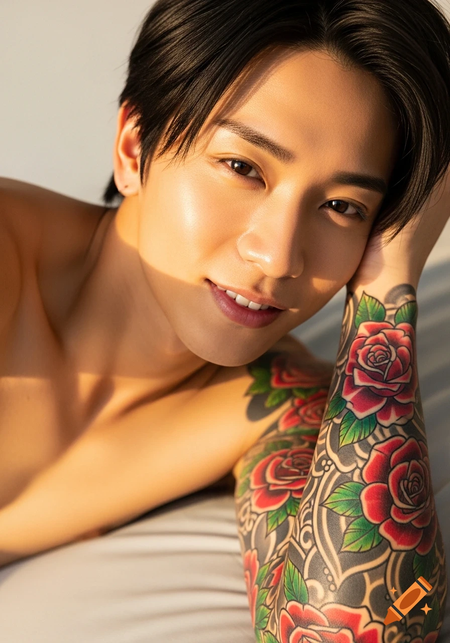 Photorealistic portrait of a smiling young Japanese man, shirtless, with a detailed red rose tattoo sleeve on his arm.