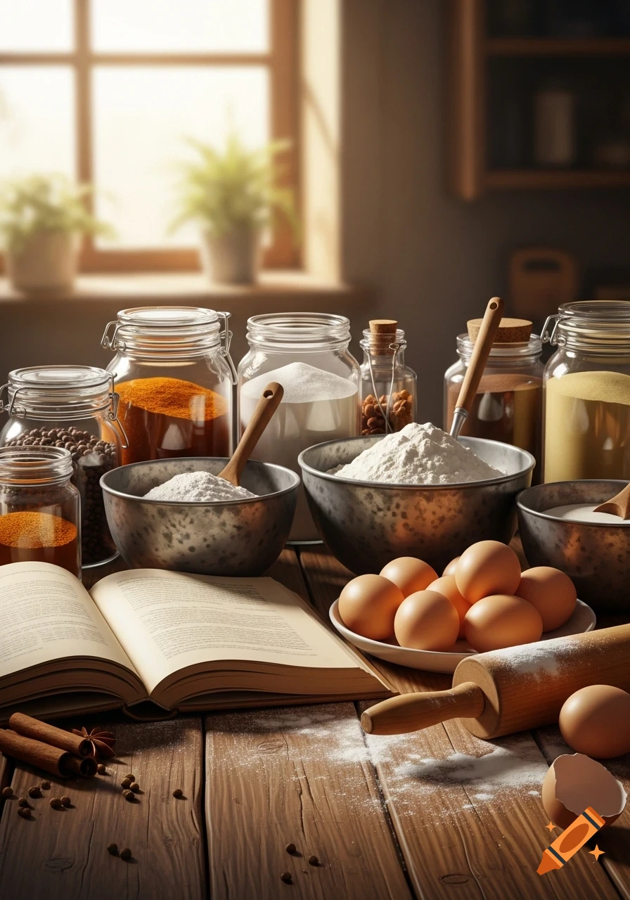 A photorealistic still life of various baking ingredients including flour, spices, eggs, and an open recipe book on a rustic wooden counter.