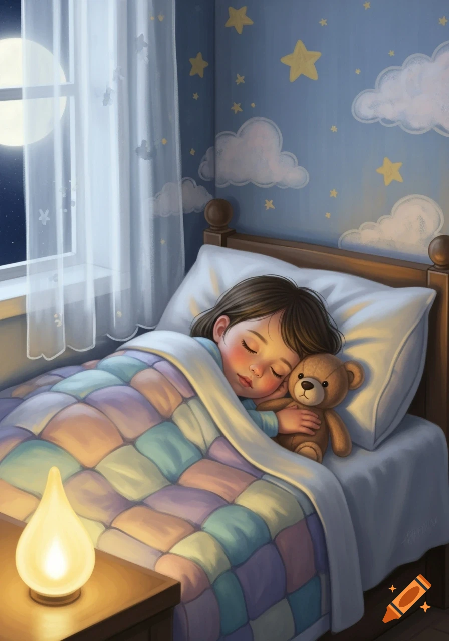 A cartoon-style illustration of a young child with brown hair sleeping soundly in bed, hugging a brown teddy bear. A nightlight glows next to the bed, and a full moon shines outside the window.
