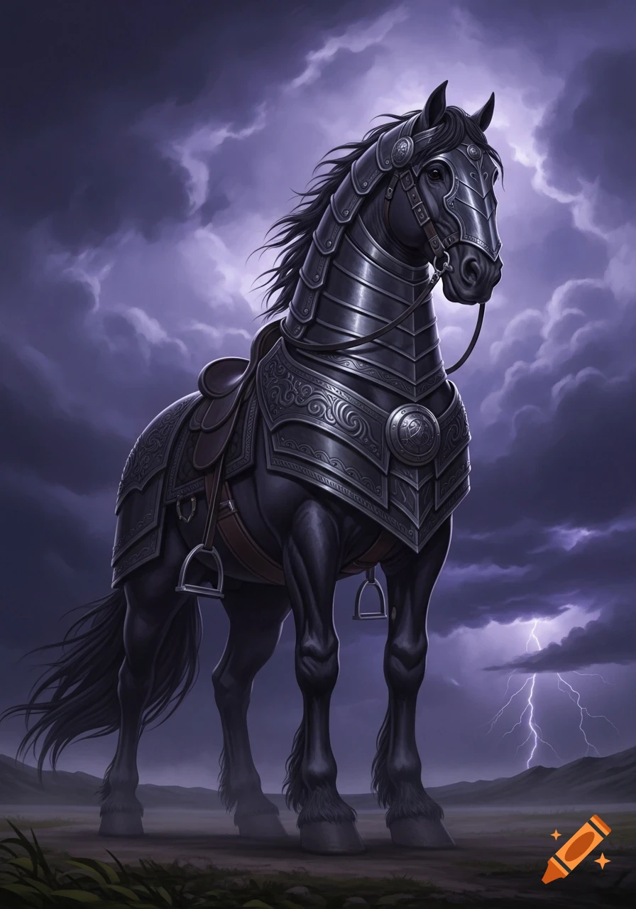 A majestic dark armored horse stands under a dramatic stormy purple sky with a lightning bolt in the distance, fantasy art.