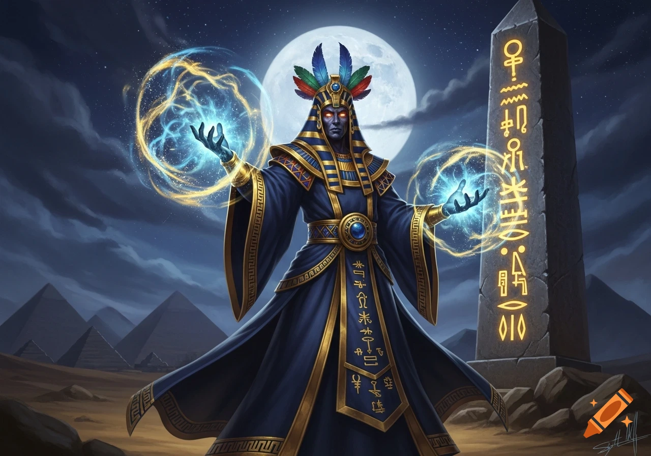 An Egyptian-inspired dark mage in blue and gold robes casts glowing blue and gold magic under a full moon, with pyramids and an obelisk with glowing hieroglyphs in the desert background.