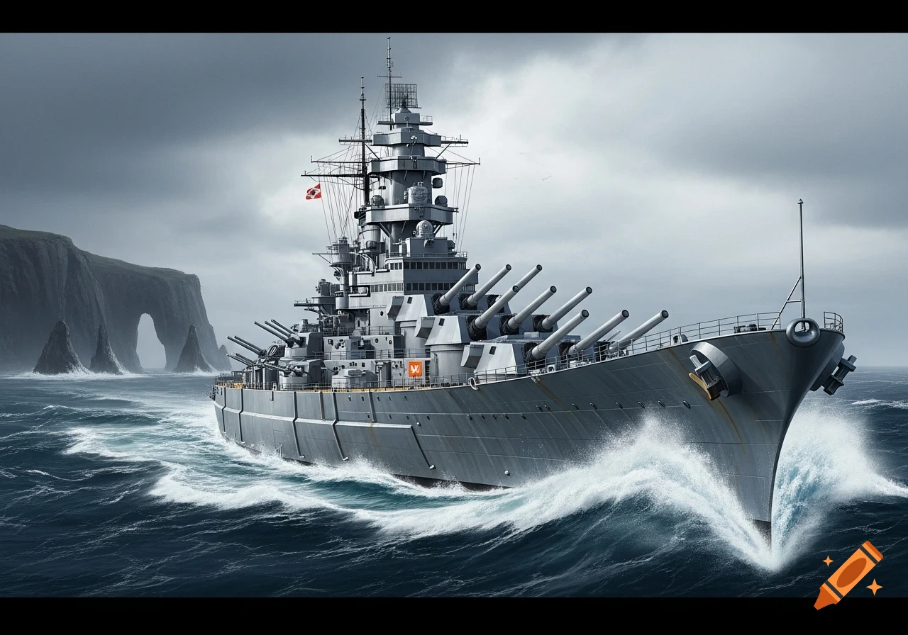 A massive battleship steams through choppy dark blue waters near jagged sea cliffs and a natural archway under a cloudy sky.