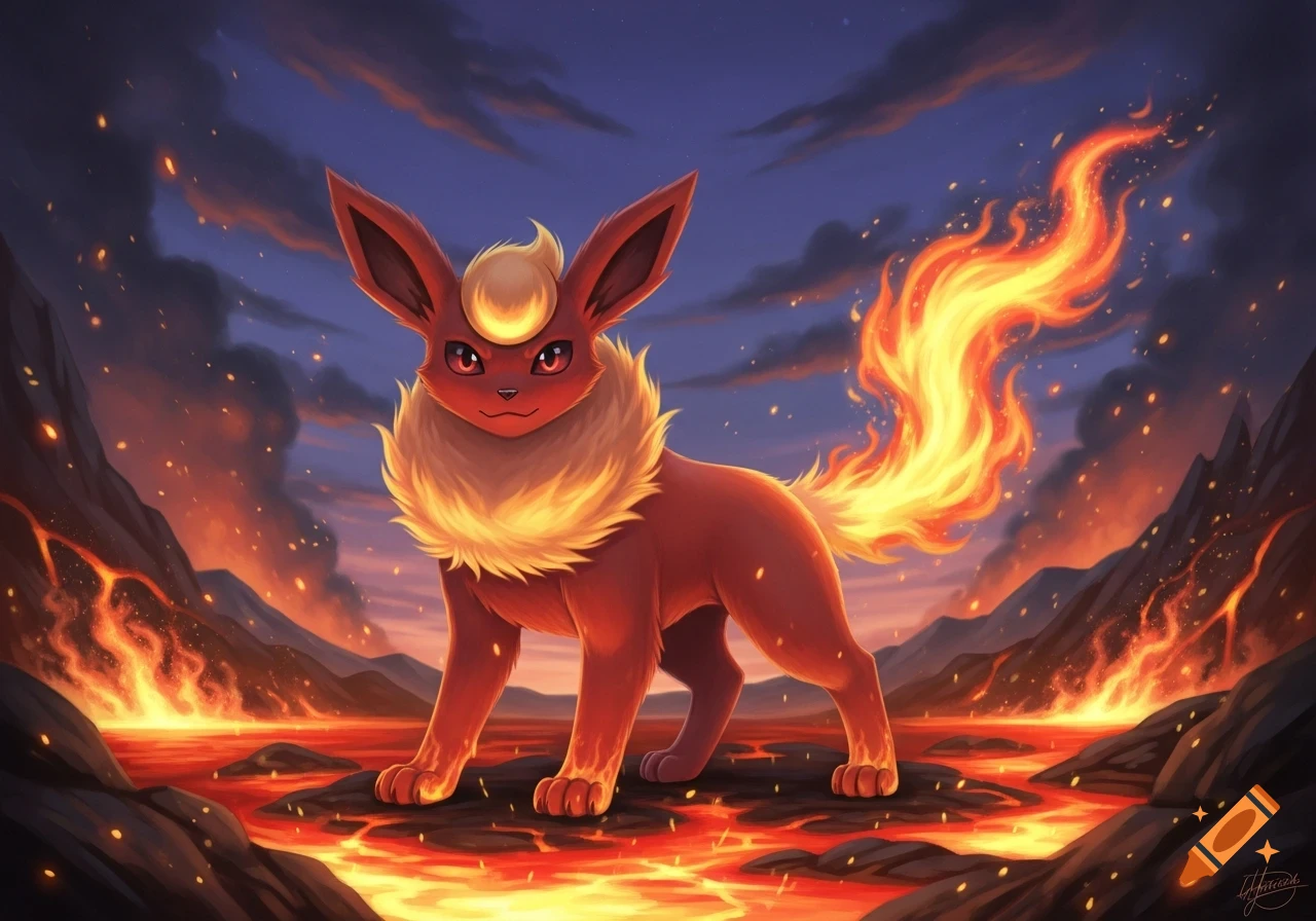 A majestic red and orange Flareon with a fiery tail and mane stands on rocky ground amidst flowing lava and embers under a twilight sky.