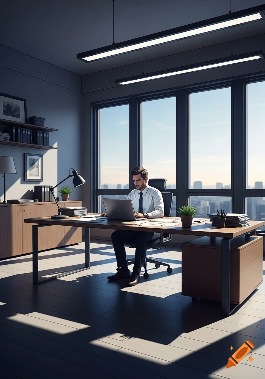 A man in a white shirt and tie works on a laptop at a large desk in a modern office with large windows overlooking a city skyline.