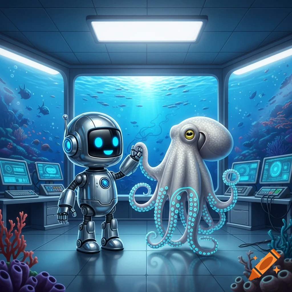 Cute silver robot and white octopus hold tentacles in a futuristic underwater lab with marine life visible through windows.