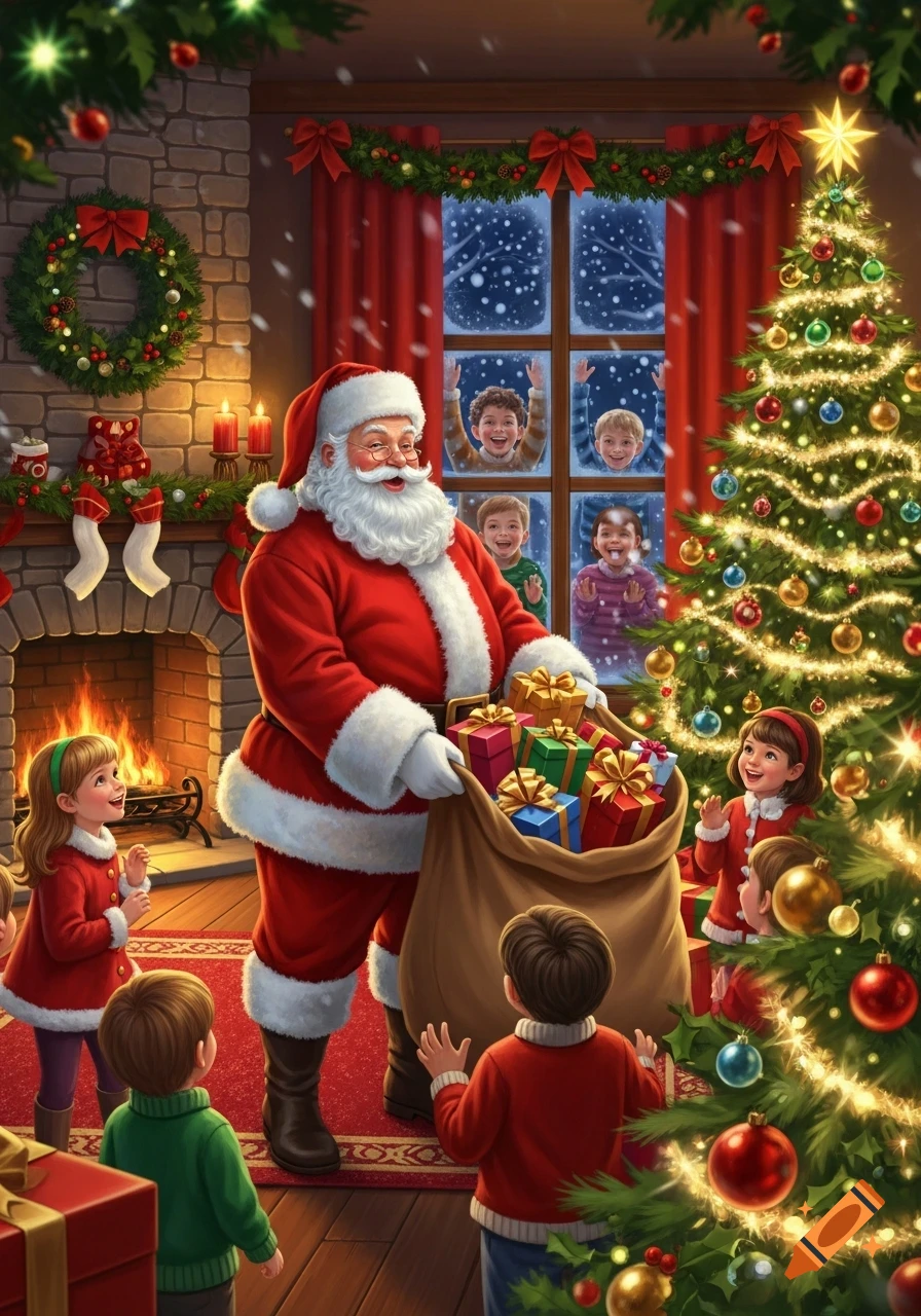 Santa Claus gives gifts to excited children by a fireplace and Christmas tree, while more children peer through a snowy window.