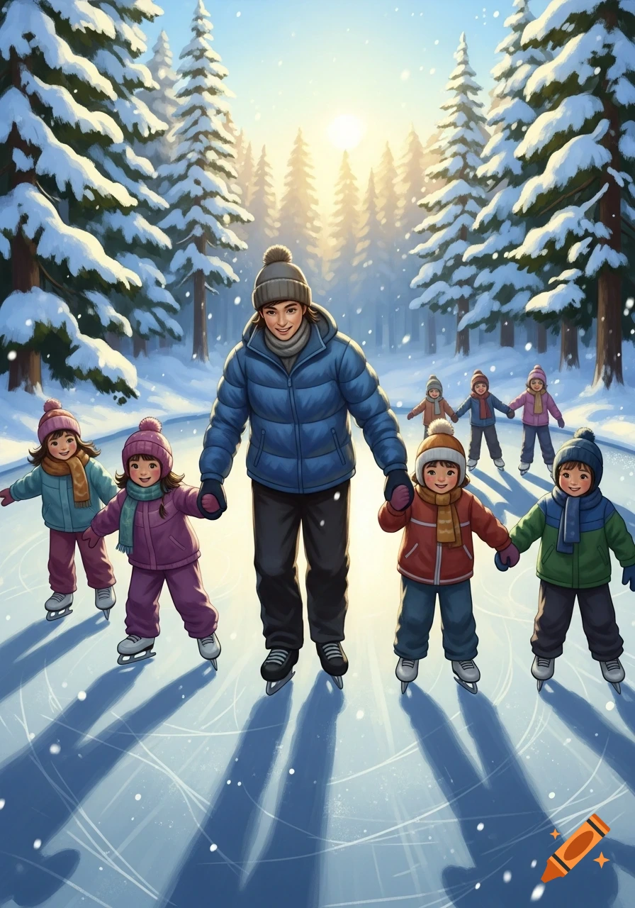 An illustration of a man and six children ice skating in a snowy forest under a bright sun.