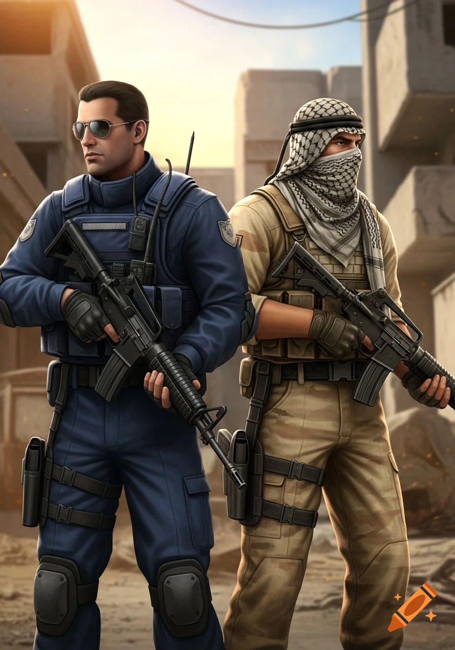 Two armed men, one in a blue uniform and sunglasses, the other in desert camouflage and a keffiyeh, stand in a war-torn urban environment.