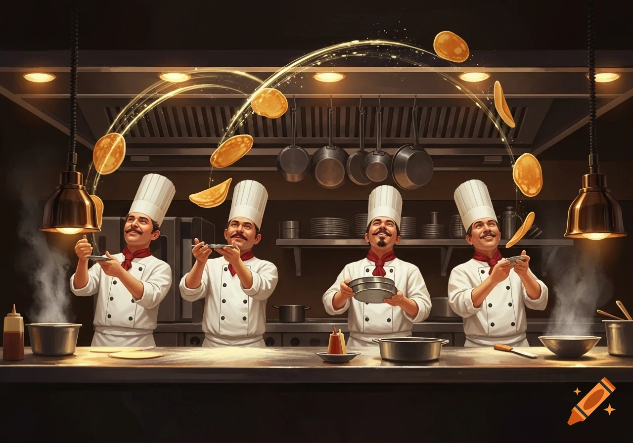 Four smiling chefs in a professional kitchen flipping pancakes in unison, with glowing golden trails following the pancakes.