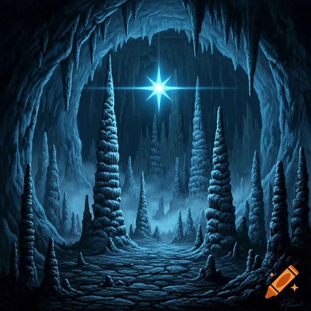 A dark, blue-toned fantasy cave interior with towering stalagmites and stalactites, lit by a radiant blue star.