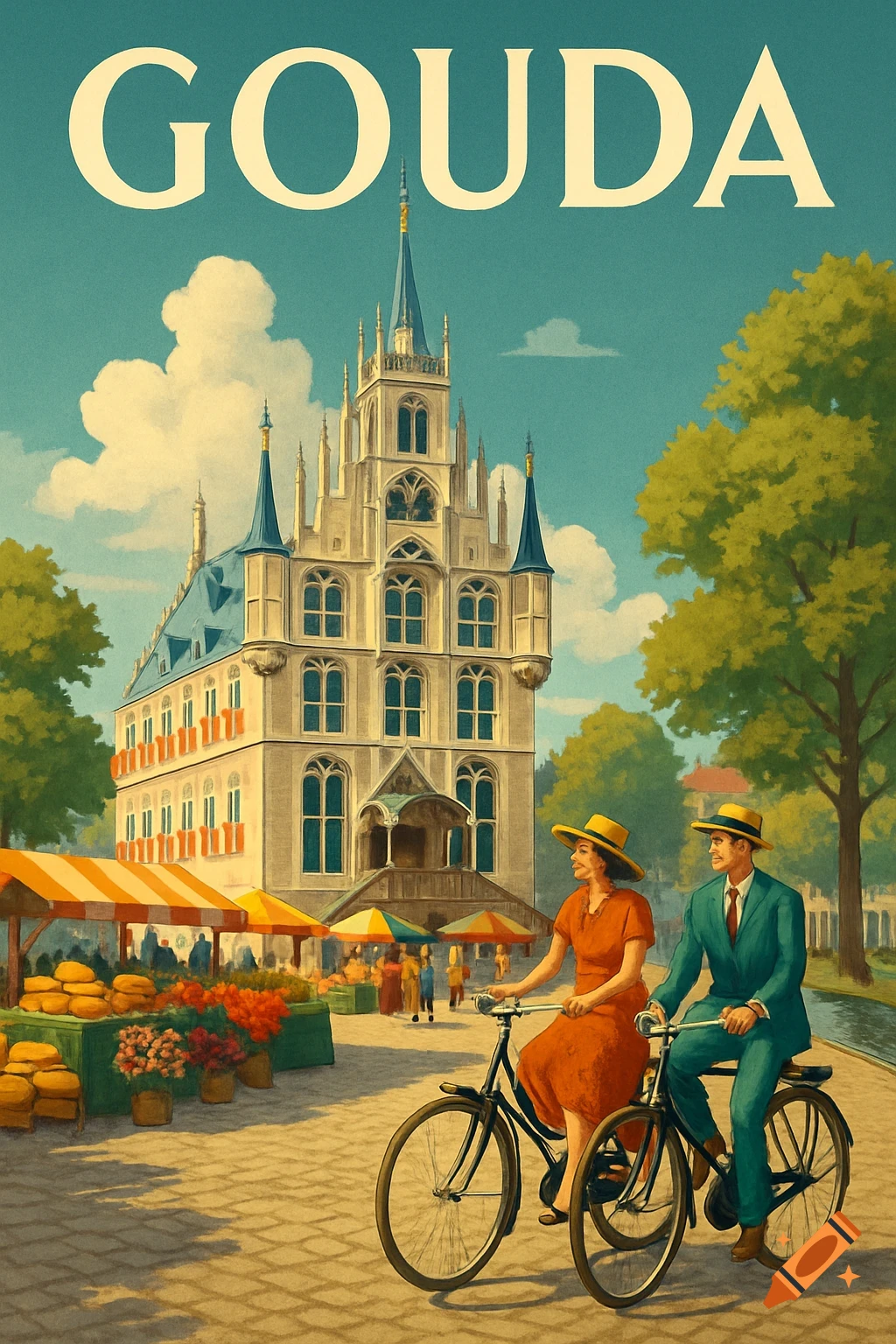 Vintage travel poster of Gouda, Netherlands, showing its ornate City Hall, a vibrant market, and people cycling in a sunny town square.