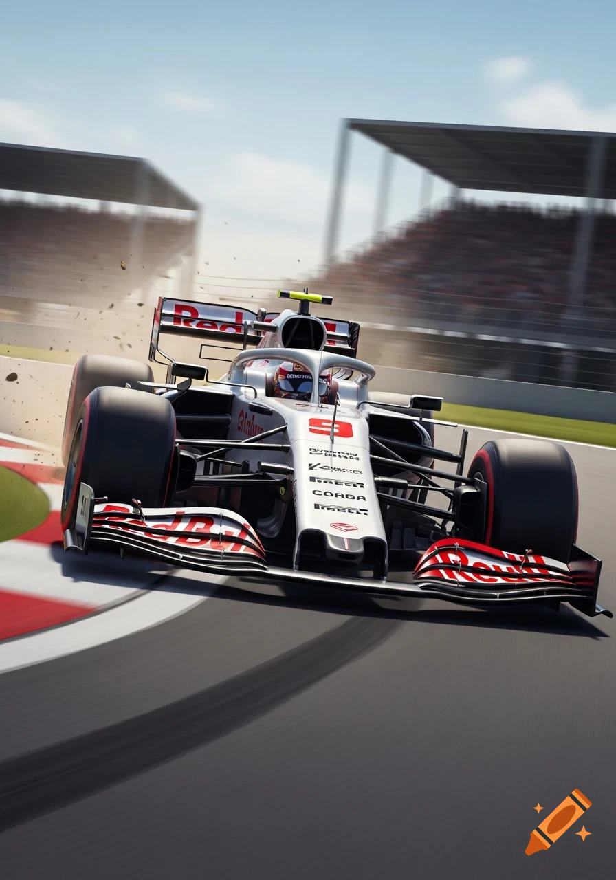 A white and red Formula 1 car speeds around a racetrack turn with grandstands in the background.