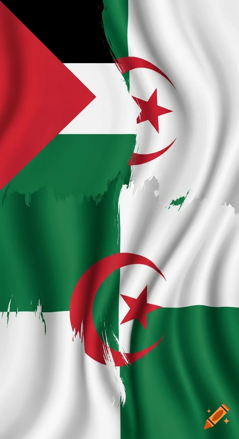 Waving flags of Palestine and Algeria merging with a brushstroke effect in a vertical, modern art style.