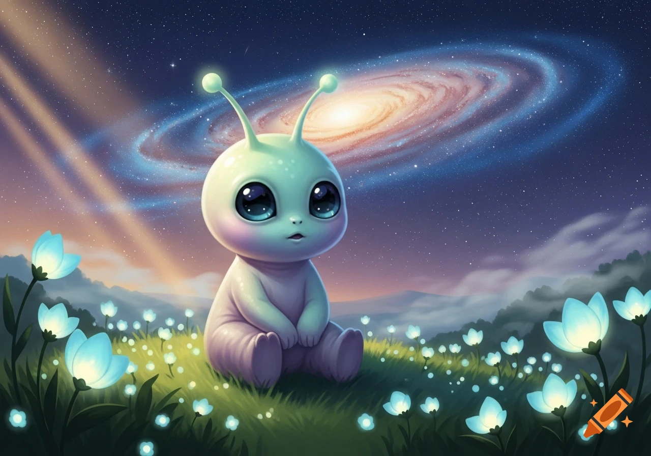 A cute, light-green alien with big dark eyes sits in a field of glowing blue flowers under a starry night sky with a vibrant galaxy.